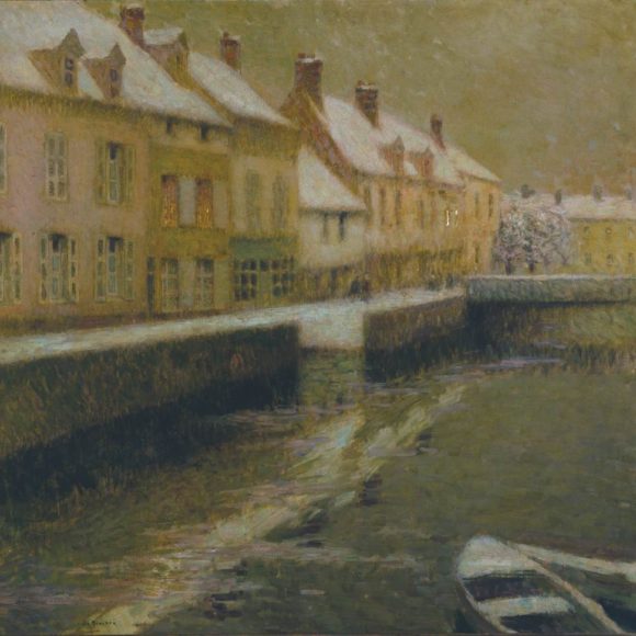 Maisons sur la rivière, neige, Gisors-Beauvais, 1904