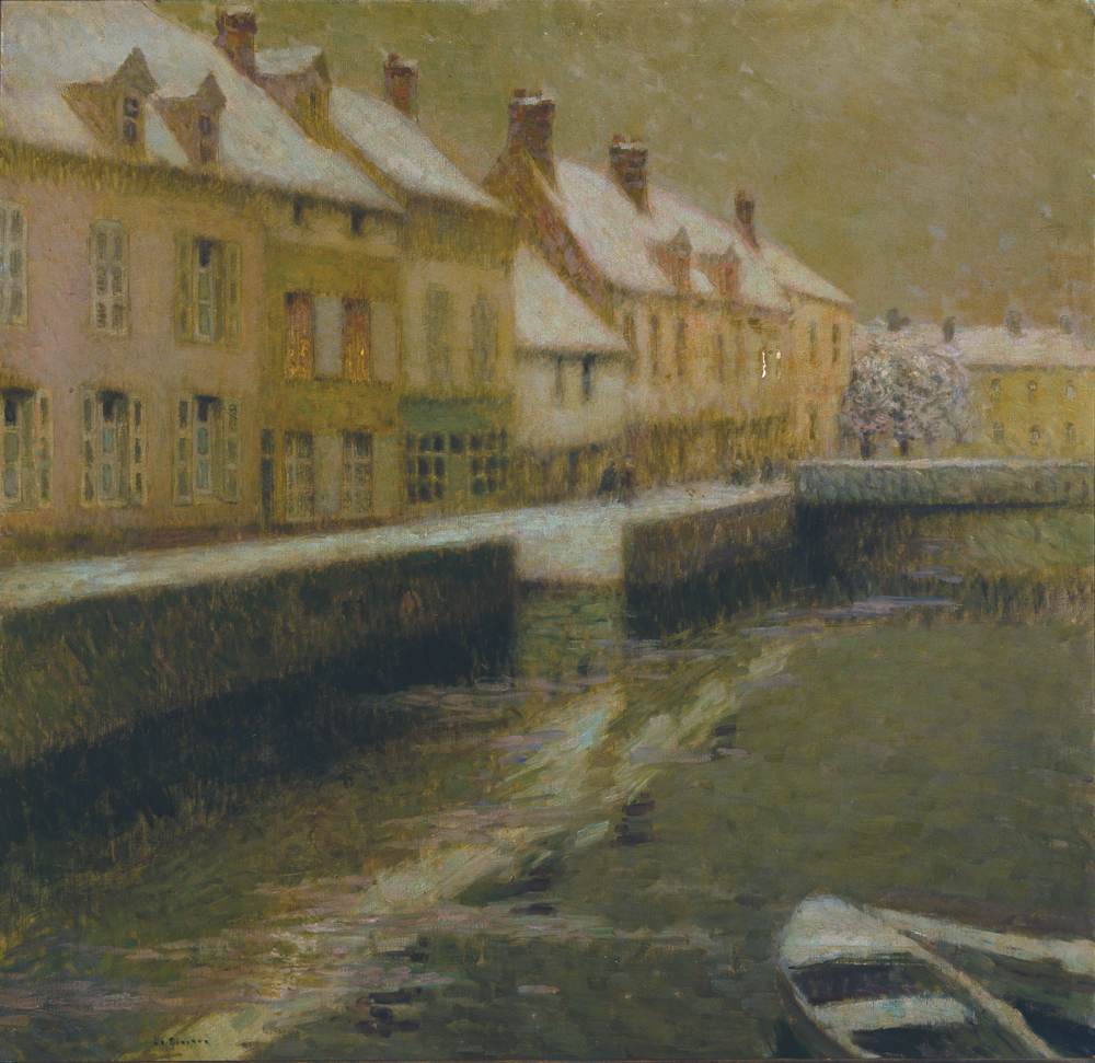 Maisons sur la rivière, neige, Gisors-Beauvais, 1904